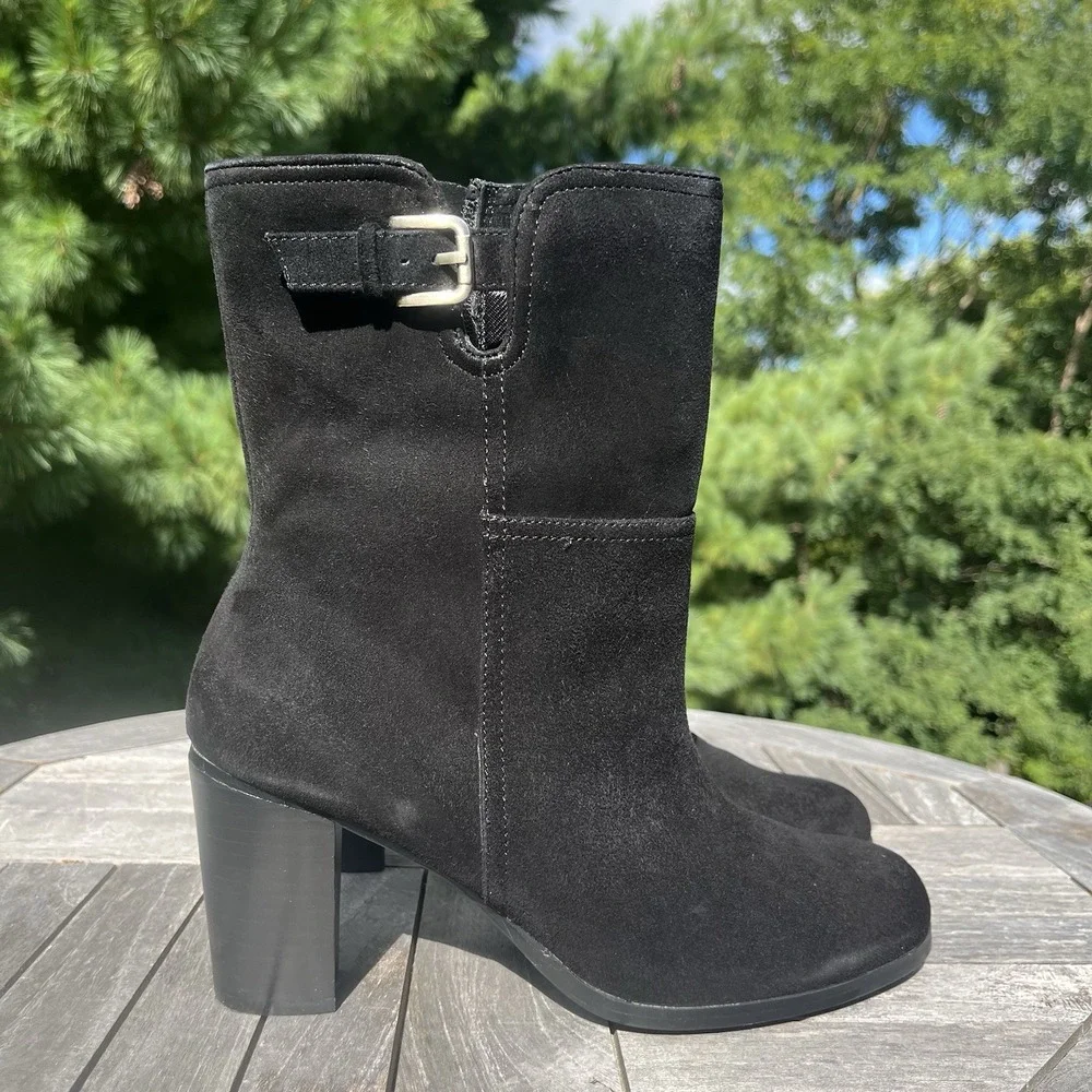 Jones New York Byberry Boots Womens Sz 7.5 Midcalf Black Suede Block Heel Buckle